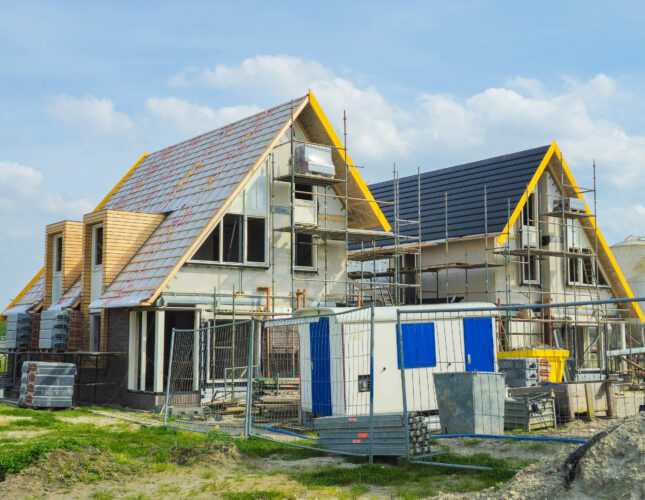 construction site of a new Dutch Suburban area with modern family houses, newly built modern family homes in the Netherlands on a sunny day
